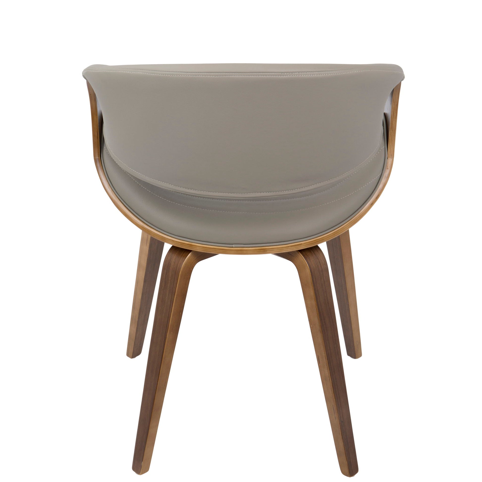 The Symphony Mid Century Modern Dining Chair features a curved, light brown backrest and wood-finished legs, shown from the back against a white background.
