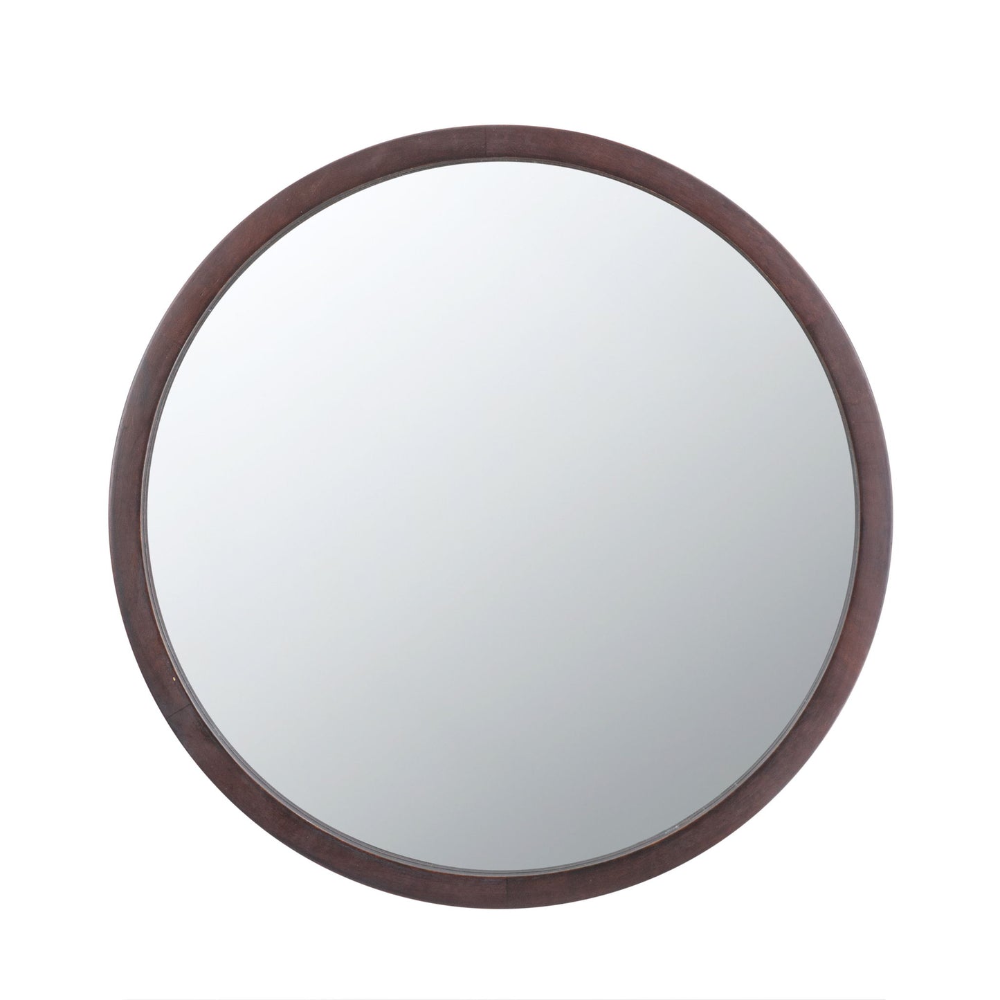 Circle Wall Mirror With Wooden Frame, ideal for the living room, featuring a dark brown wooden frame and reflecting a white background.
