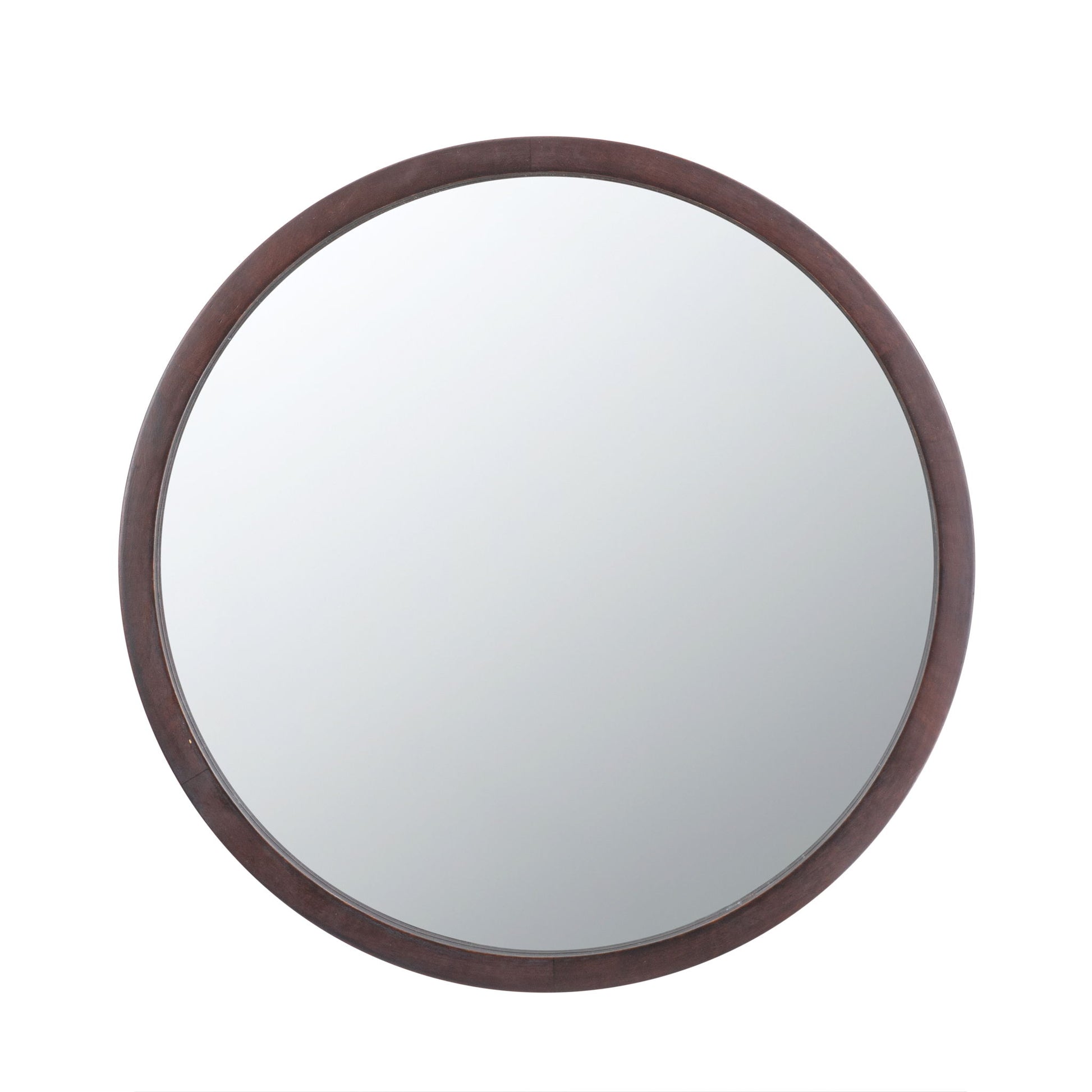 Circle Wall Mirror With Wooden Frame, ideal for the living room, featuring a dark brown wooden frame and reflecting a white background.