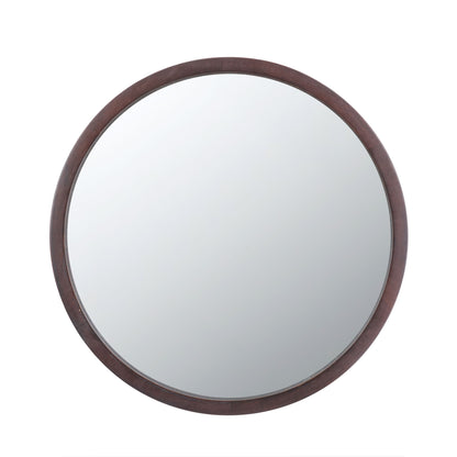 Circle Wall Mirror With Wooden Frame, ideal for the living room, featuring a dark brown wooden frame and reflecting a white background.
