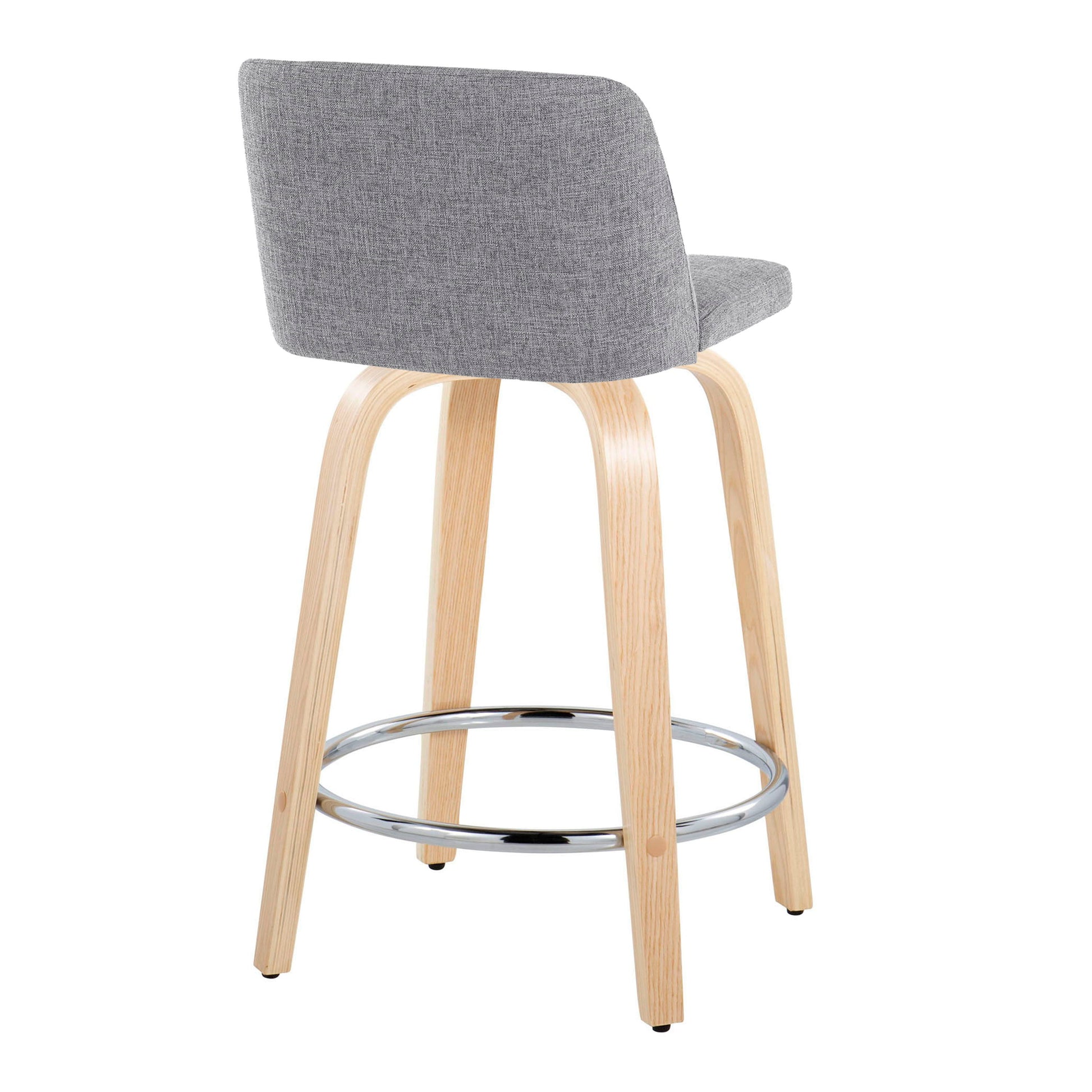 The Toriano Contemporary Fixed Height Counter Stool features a light wood frame, round chrome footrest, and cushioned seat and backrest in light gray fabric. Shown from an angled rear view. Set of 2; includes swivel function.