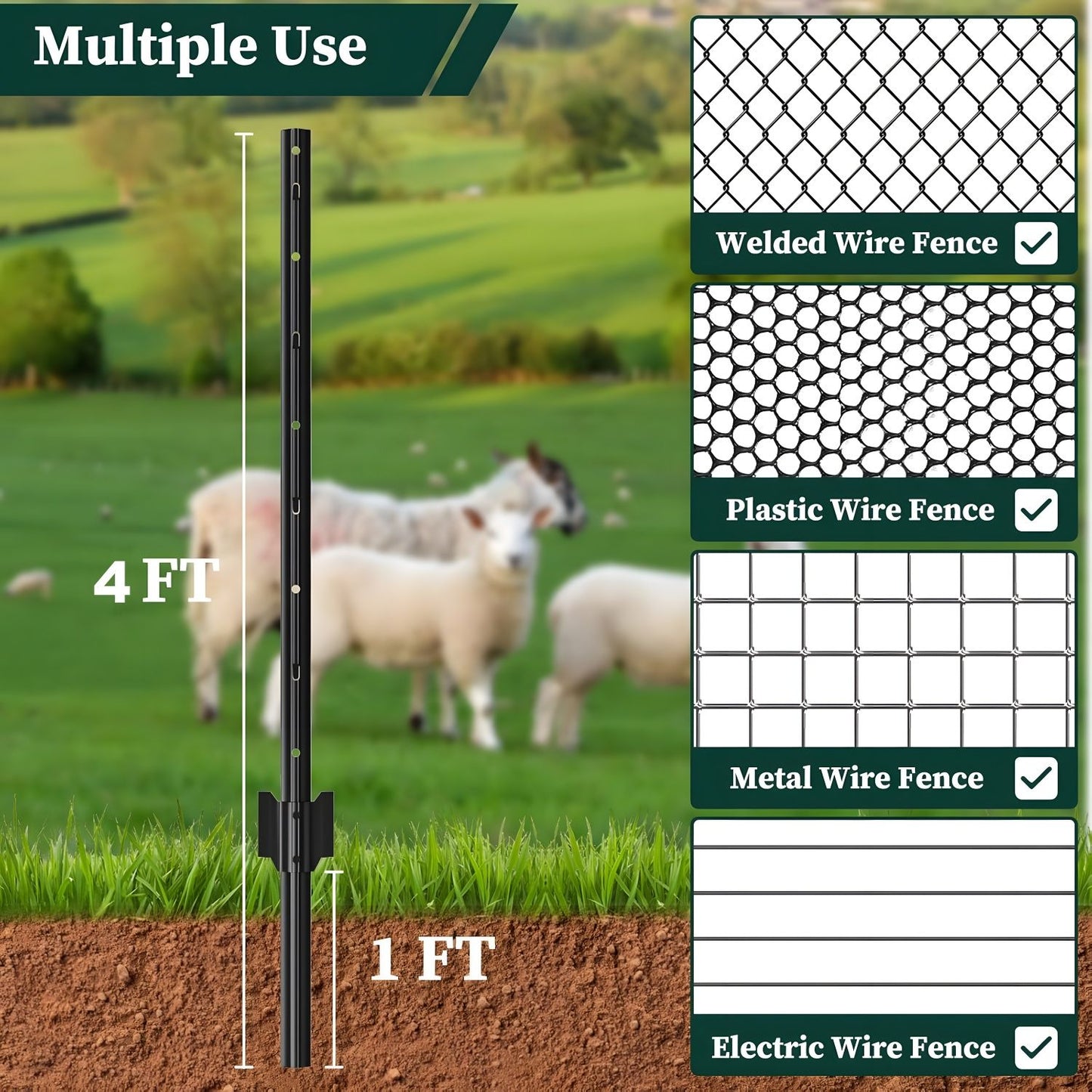 4 Foot U-Shaped Metal Garden Fence Posts Set For Wire Fencing