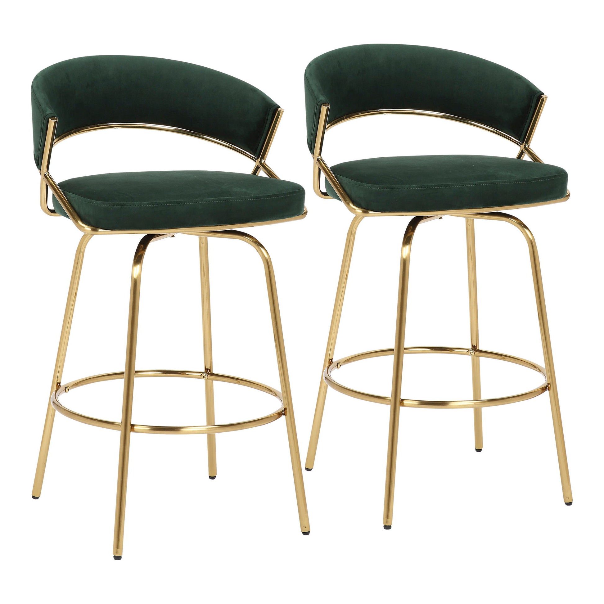 The Jie - Glam Fixed Height Counter Stool (Set of 2) features green velvet cushions, curved backrests, and gold metal legs with a circular footrest, displayed against a white background.