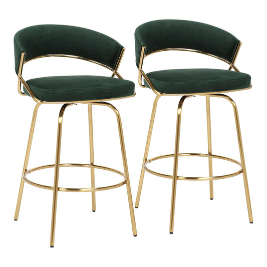 The Jie - Glam Fixed Height Counter Stool (Set of 2) features green velvet cushions, curved backrests, and gold metal legs with a circular footrest, displayed against a white background.
