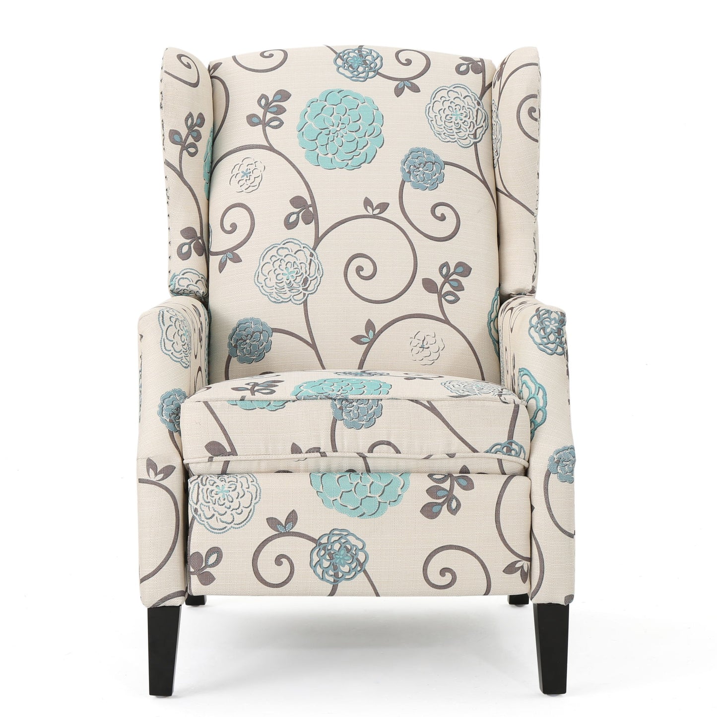 The Westeros Wing Back Fabric Upholstered Recliner features a beige floral pattern with blue and gray flowers, swirling gray vines, dark wooden legs, padded armrests, and a high back for comfort and style.