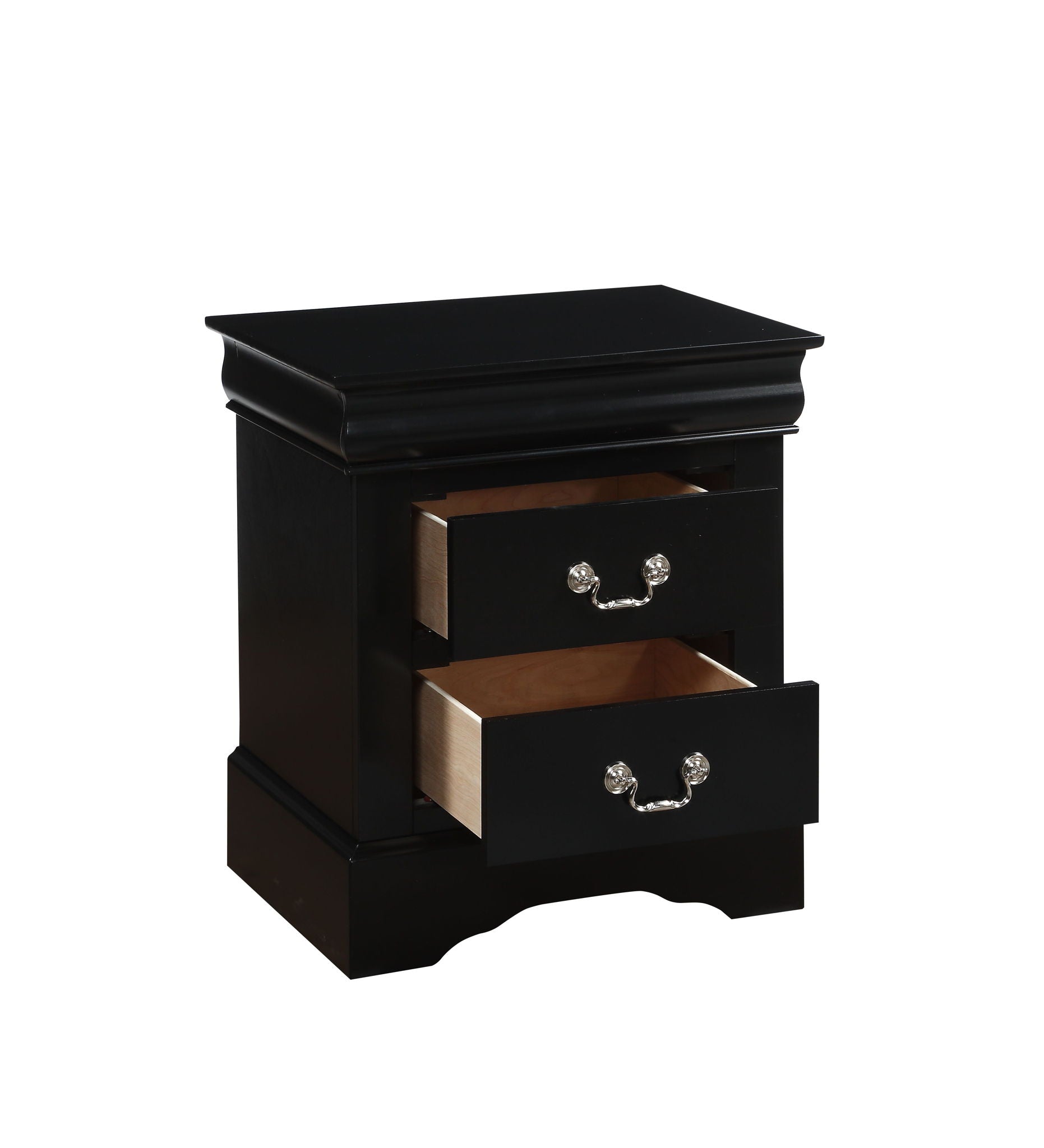 The Louis Philippe III Sleek Design Nightstand features a black wooden finish, two partially open drawers with silver handles, natural wood interiors, a decorative base, and a flat top.
