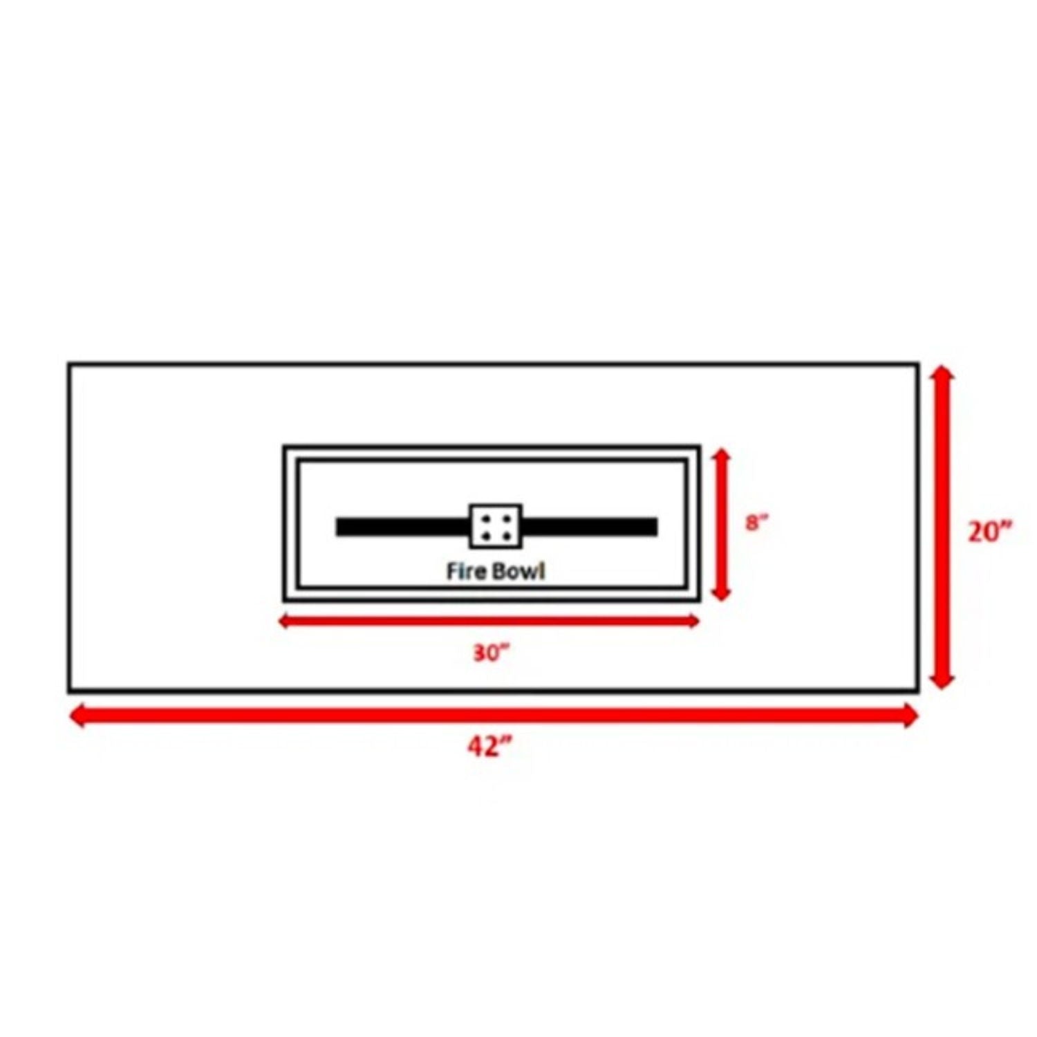 Diagram of the Propane / Gas Outdoor Fire Pit Table, size 42"x20", featuring a central fire bowl area of 30"x8". Red arrows show all measurements.