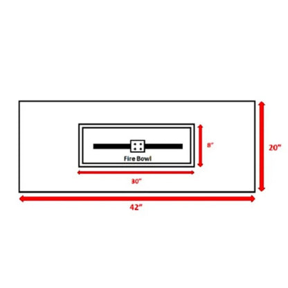 Diagram of the Propane / Gas Outdoor Fire Pit Table, size 42"x20", featuring a central fire bowl area of 30"x8". Red arrows show all measurements.