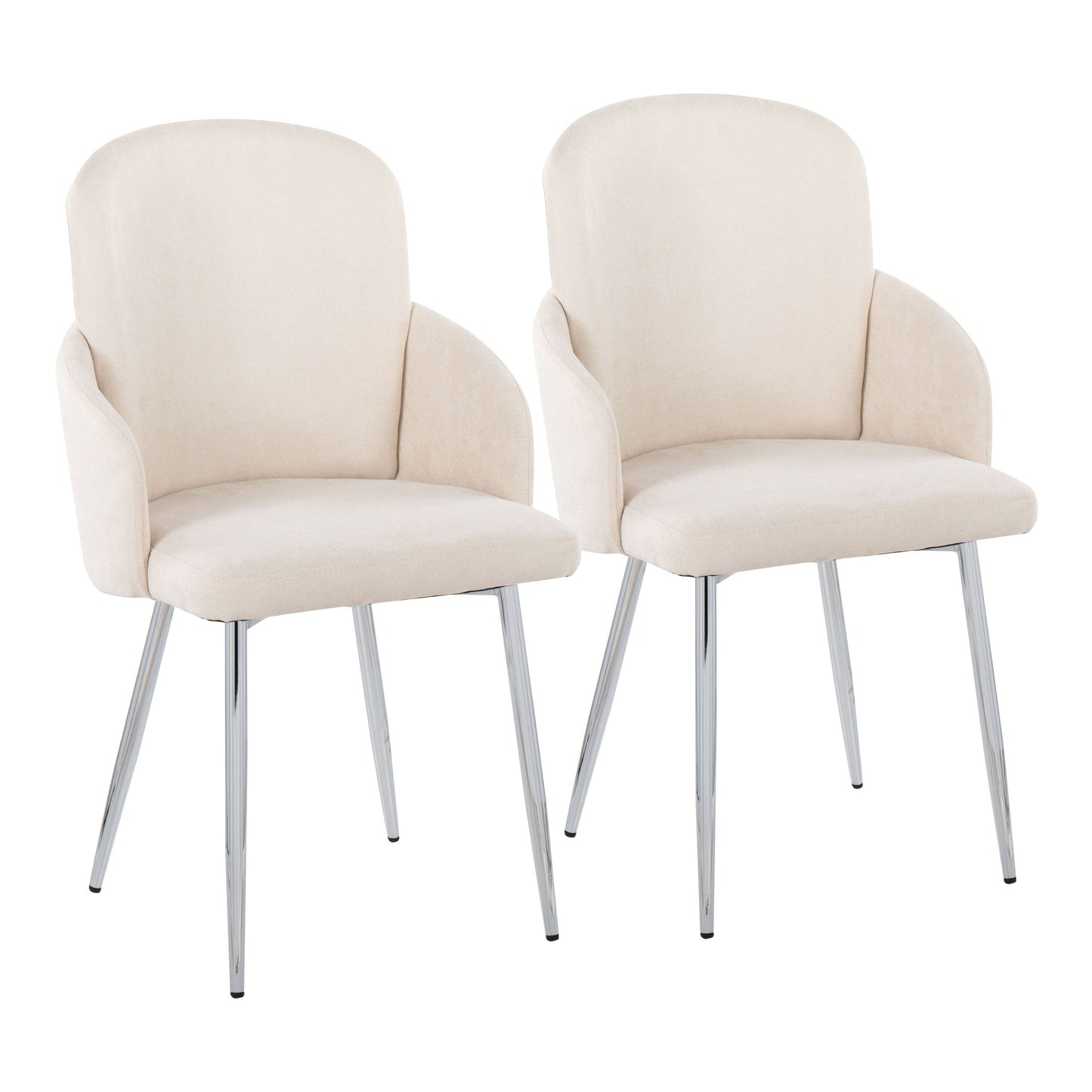 The Dahlia Contemporary Dining Chair set includes two cream-upholstered chairs with curved backs, armrests, and four slender chrome legs, displayed side by side on a white background.