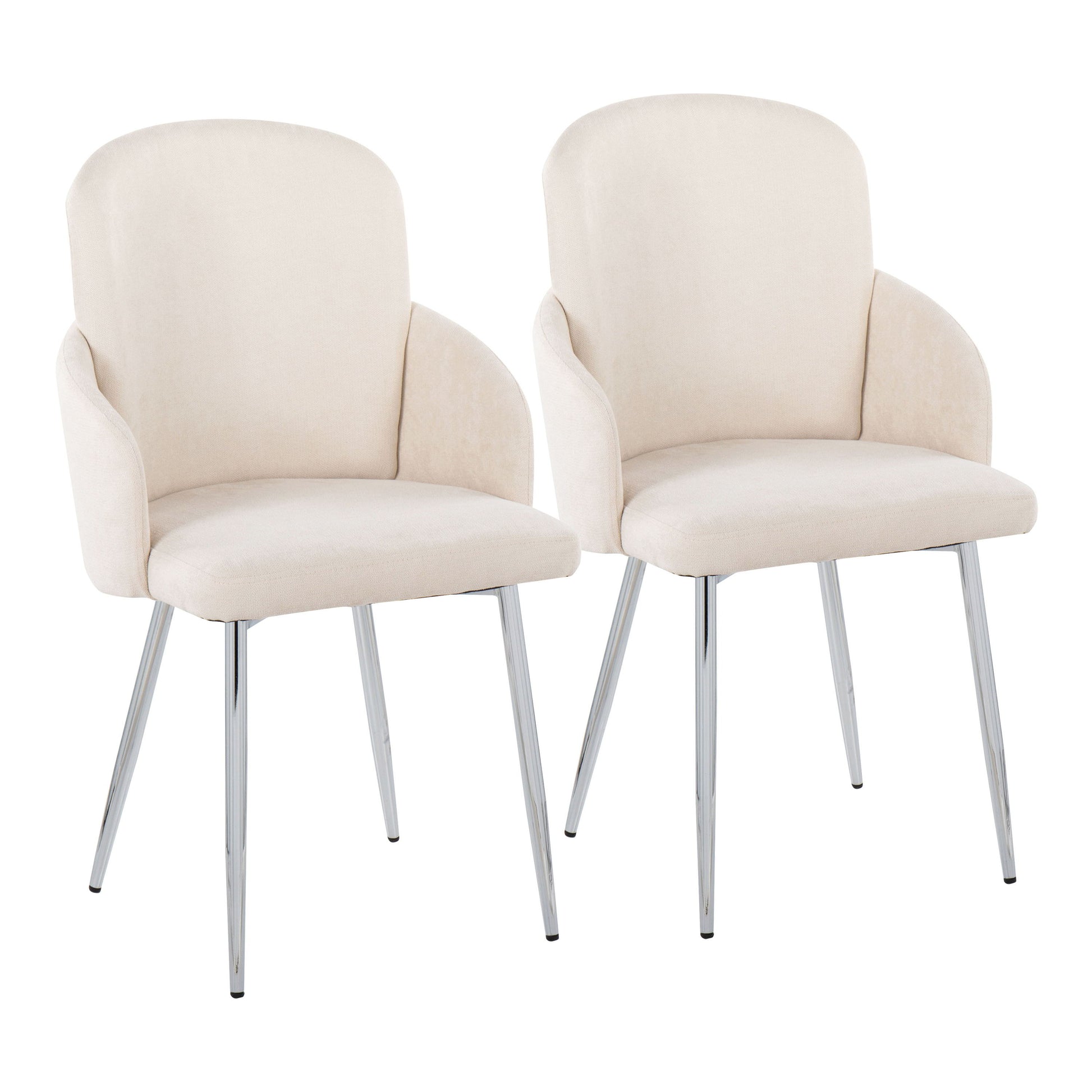 The Dahlia Contemporary Dining Chair set includes two cream-upholstered chairs with curved backs, armrests, and four slender chrome legs, displayed side by side on a white background.