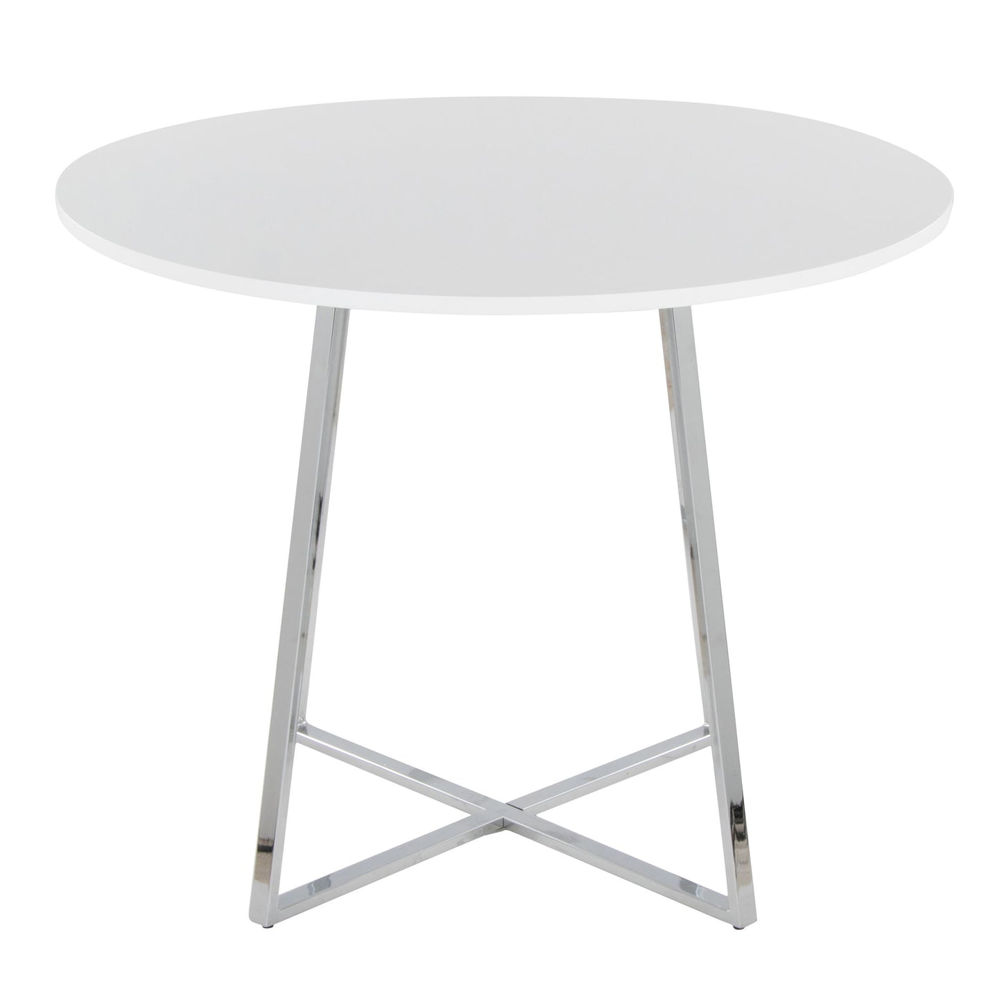 The Cosmo - Canary Contemporary Dining Table features a round white top and chrome metal legs arranged in an X shape at the base.