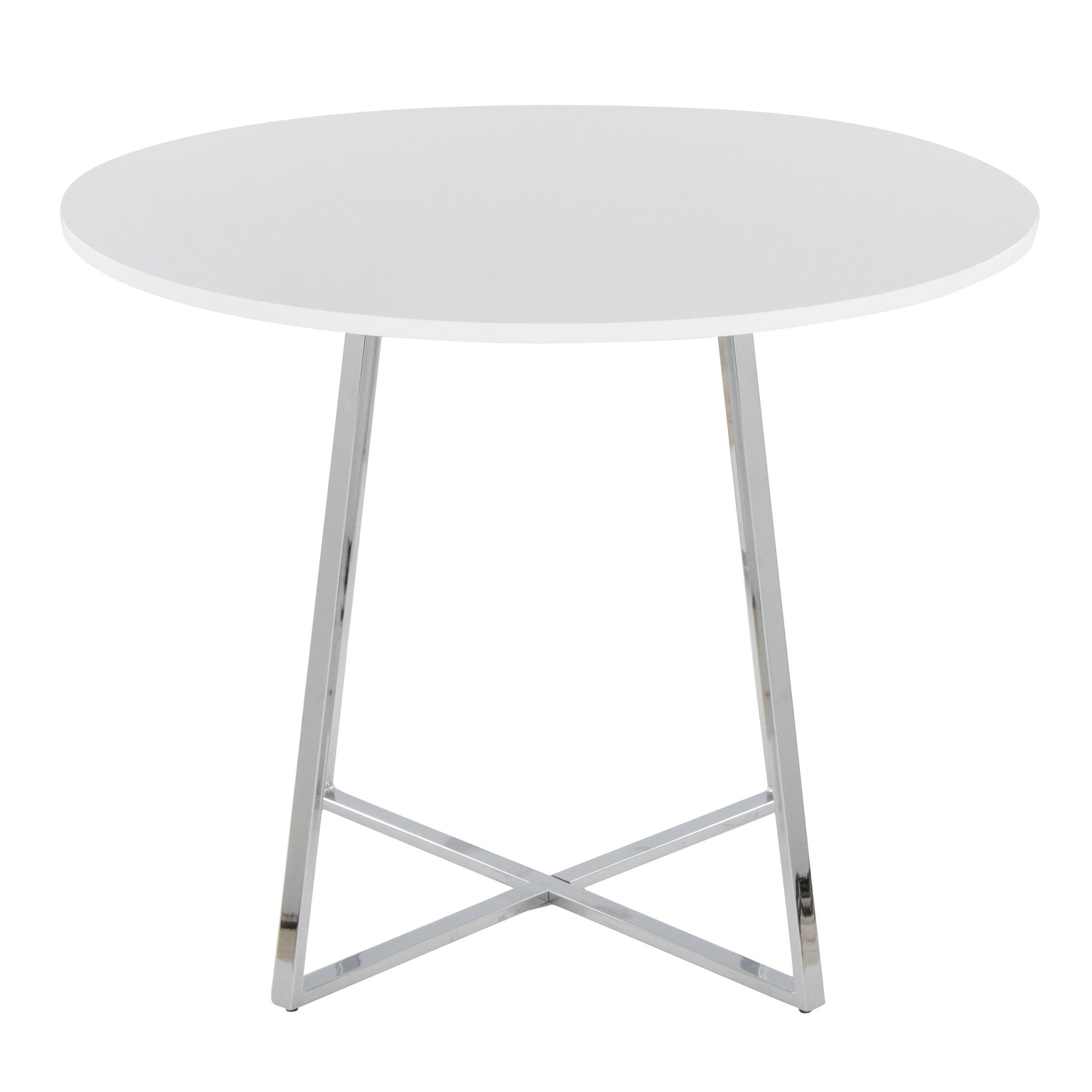 The Cosmo - Canary Contemporary Dining Table features a round white top and chrome metal legs arranged in an X shape at the base.