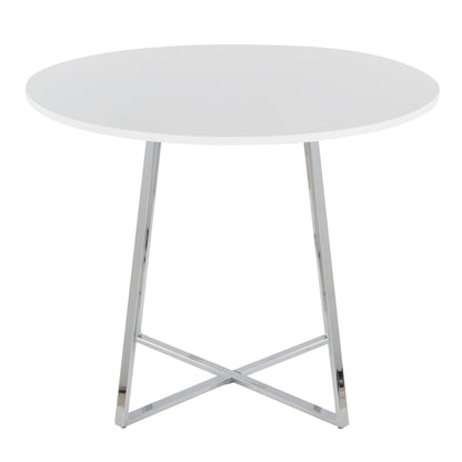 The Cosmo - Canary Contemporary Dining Table features a round white top and chrome metal legs arranged in an X shape at the base.