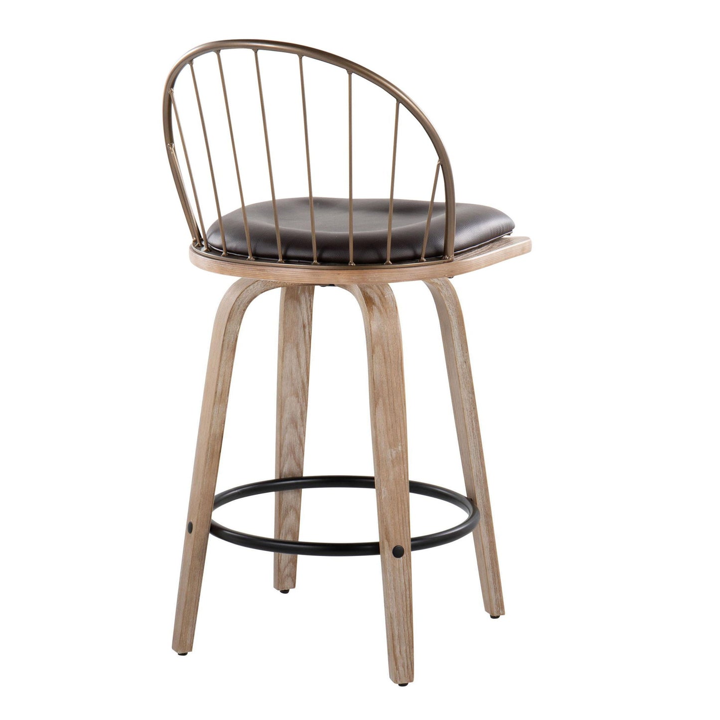 The Riley Farmhouse Fixed Height Counter Stool set features a curved antique copper backrest, removable brown padded seat cushion, four white washed wood legs, and a round black metal footrest for a modern minimalist look. Set of 2.