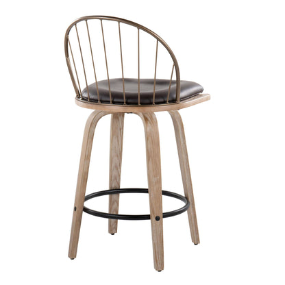 The Riley Farmhouse Fixed Height Counter Stool set features a curved antique copper backrest, removable brown padded seat cushion, four white washed wood legs, and a round black metal footrest for a modern minimalist look. Set of 2.