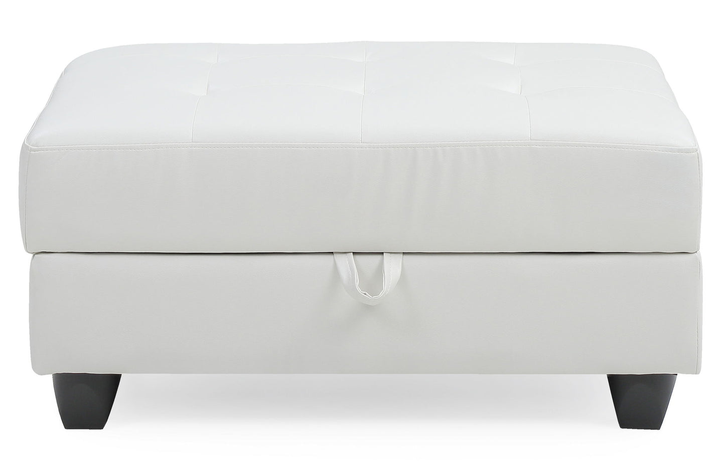 The Stylish Storage Contemporary Ottoman features a rectangular white upholstered design with a stitched, tufted top, fabric pull tab on the front, and four short black legs.