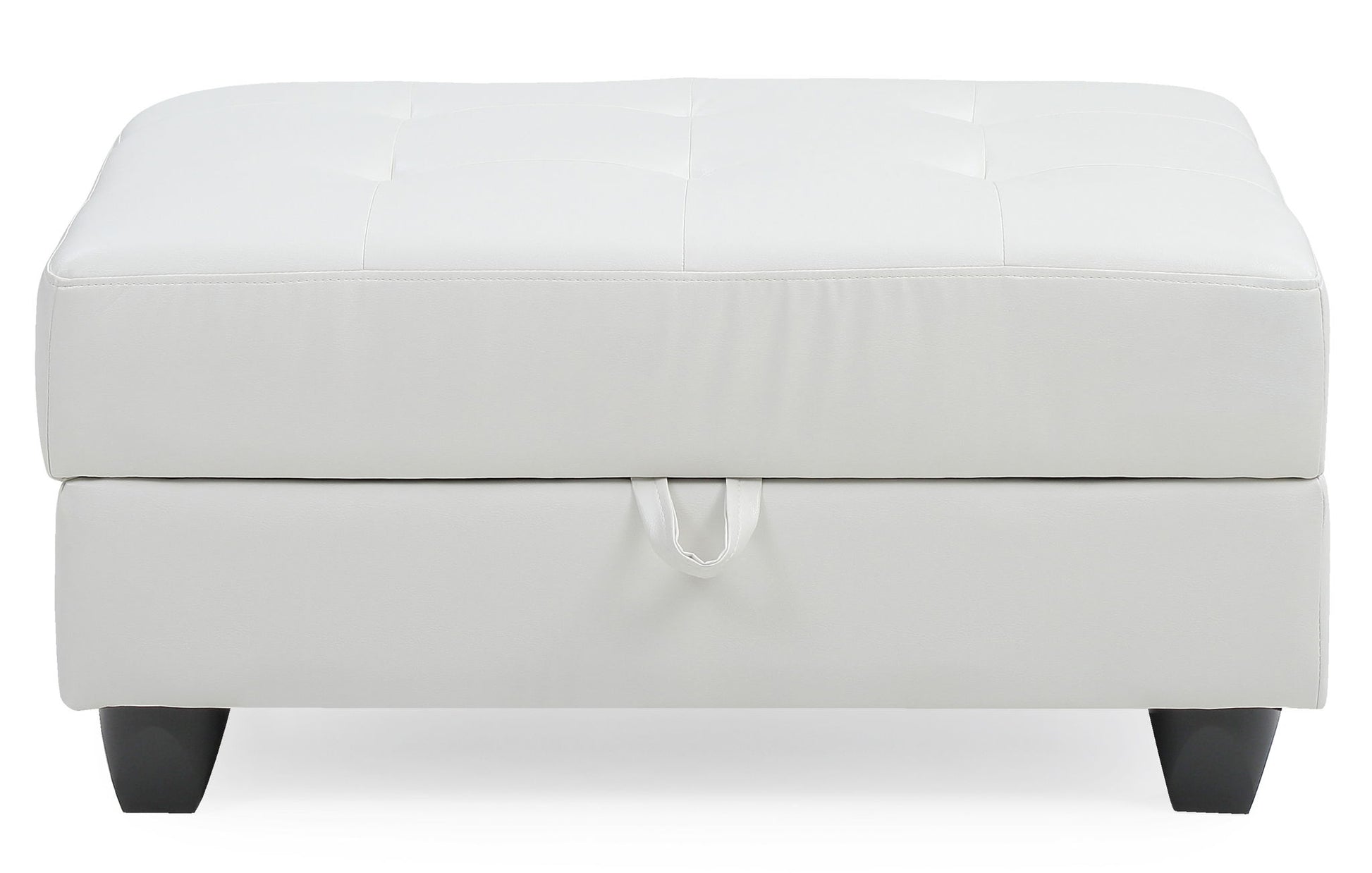The Stylish Storage Contemporary Ottoman features a rectangular white upholstered design with a stitched, tufted top, fabric pull tab on the front, and four short black legs.