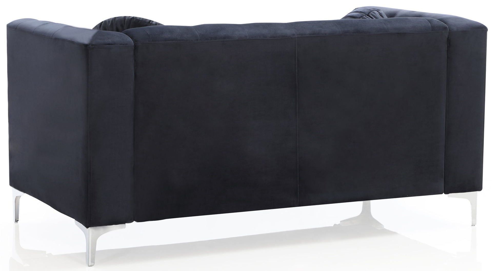 The Stylish Sloped Arm Loveseat is a modern black velvet sofa with a boxy shape, tufted backrest, and sleek silver metal legs, shown from the back on a white background.