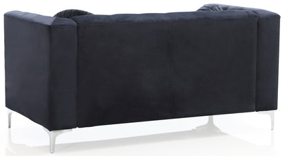 The Stylish Sloped Arm Loveseat is a modern black velvet sofa with a boxy shape, tufted backrest, and sleek silver metal legs, shown from the back on a white background.