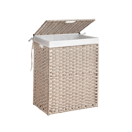 The Laundry Hamper With Lid features a PE rattan, powder-coated frame, two removable bags, and a white fabric lining. It is rectangular with an open hinged lid and shown against a white background.