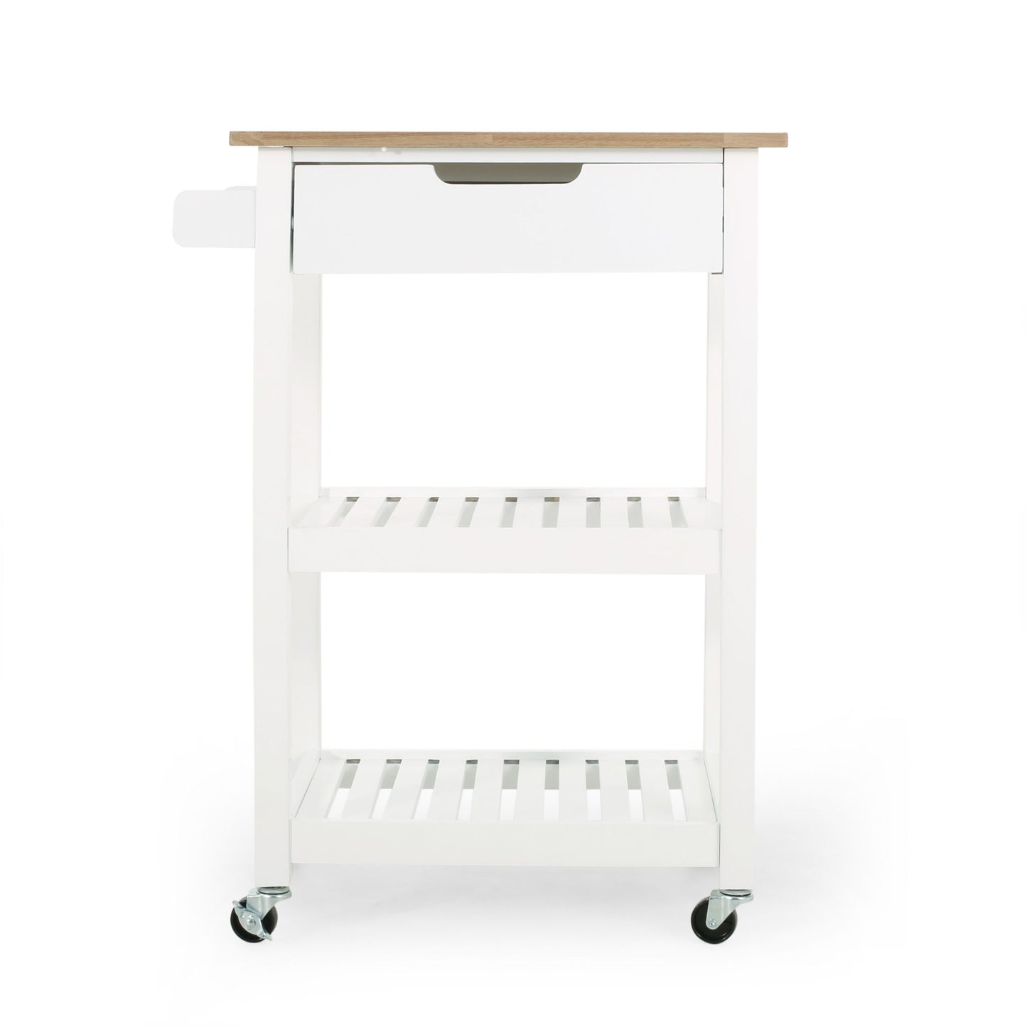 The Tattnall Kitchen Cart With Wheels features a white finish, light wood top, one drawer, two slatted shelves, a side handle, and four caster wheels, displayed against a white background.