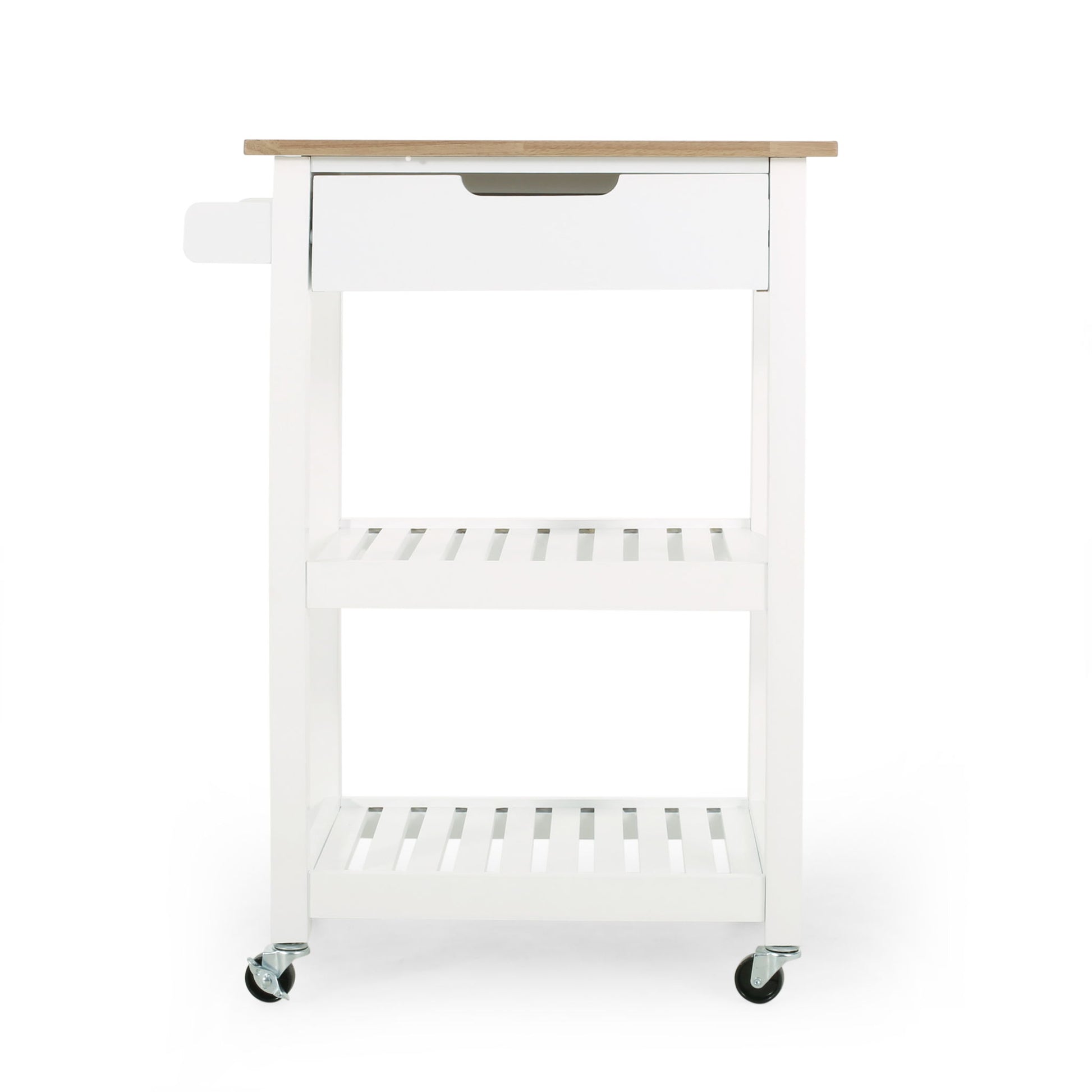 The Tattnall Kitchen Cart With Wheels features a white finish, light wood top, one drawer, two slatted shelves, a side handle, and four caster wheels, displayed against a white background.