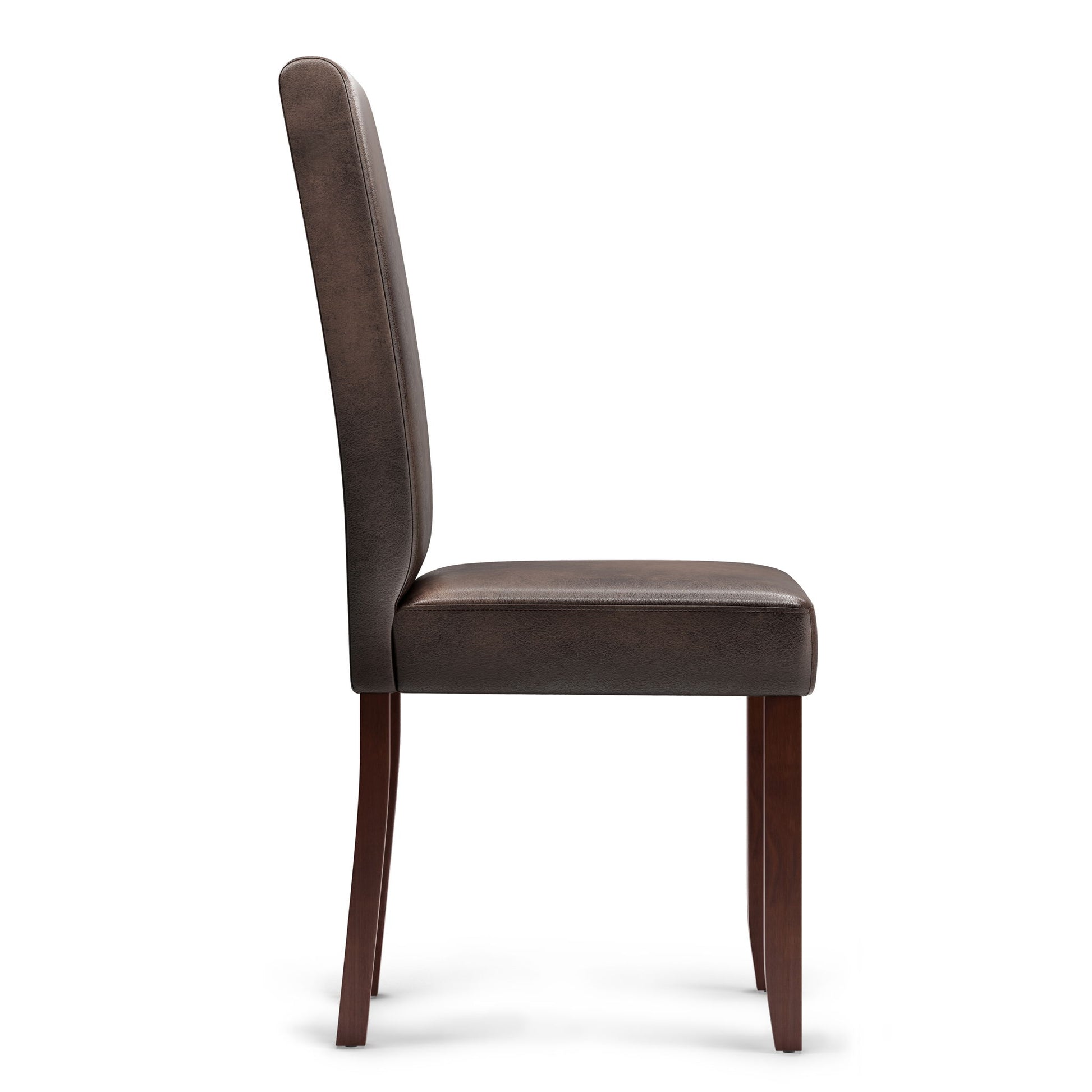 Side view of the Acadian - Upholstered Parson Dining Chair (Set of 2) in dark brown with a high backrest and four wooden legs, shown against a white background.