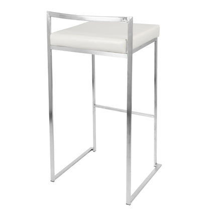 The Fuji Stackable Barstool features a contemporary and elegant design with a shiny metal frame, white cushioned seat, straight minimalist lines, and an open back.