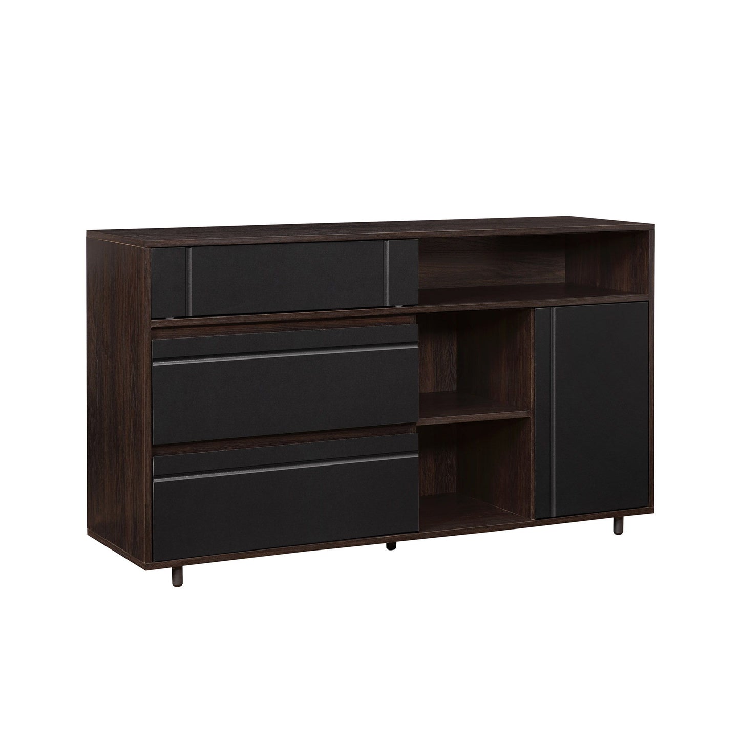 The Contemporary Detailed Door Sideboard With Open Storage features three black drawers, one black cabinet door, open shelves, and short legs in a modern dark wood finish, displayed on a white background.