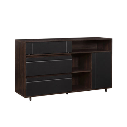 The Contemporary Detailed Door Sideboard With Open Storage features three black drawers, one black cabinet door, open shelves, and short legs in a modern dark wood finish, displayed on a white background.