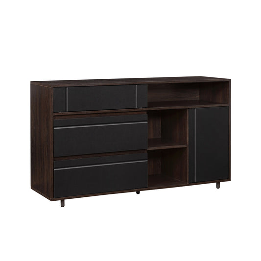 The Contemporary Detailed Door Sideboard With Open Storage features three black drawers, one black cabinet door, open shelves, and short legs in a modern dark wood finish, displayed on a white background.