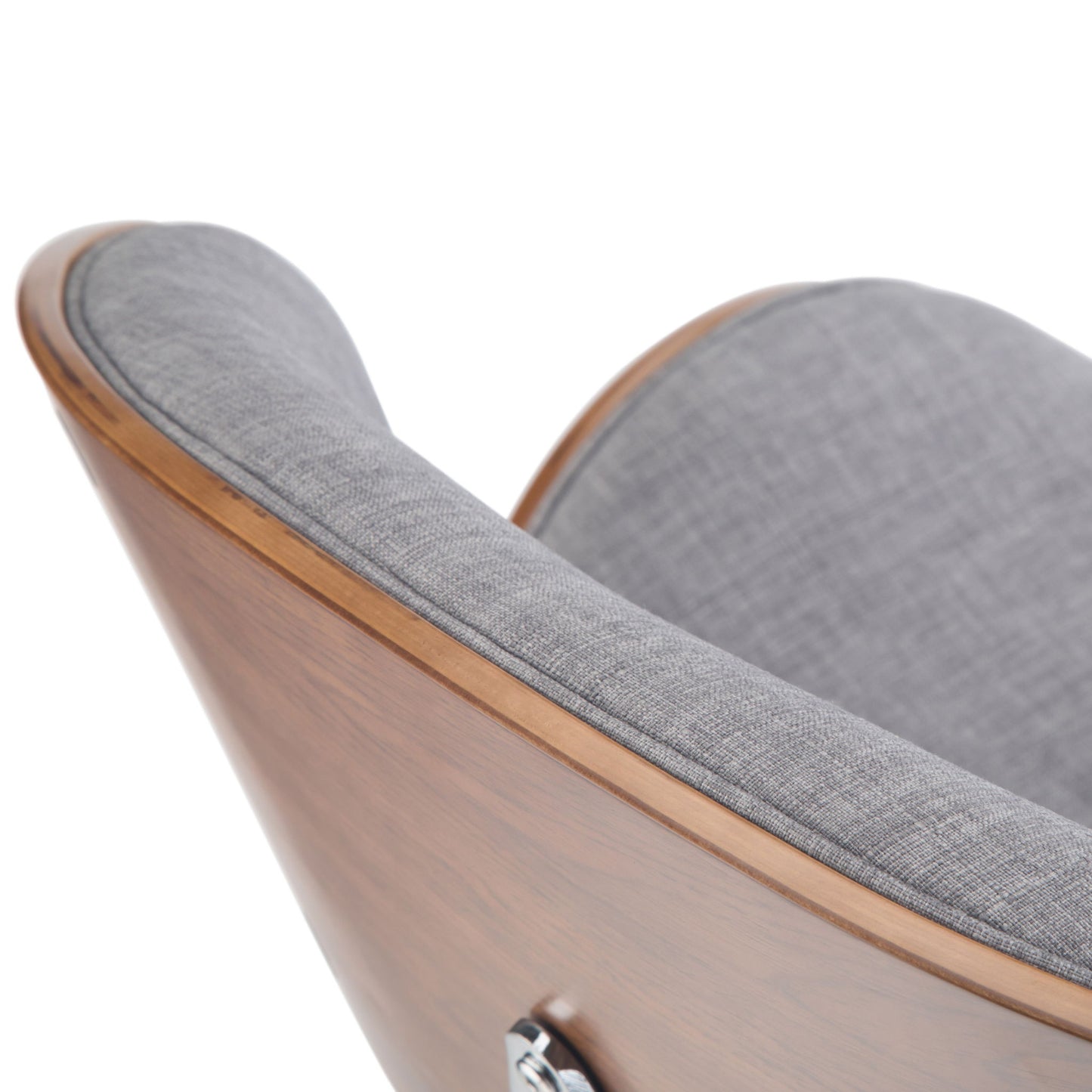 Close-up of the Marana Multifunctional Handcrafted Bentwood Adjustable Swivel Bar Stool, showcasing its curved wooden frame and gray fabric upholstery with detailed focus on the top backrest and cushion textures.