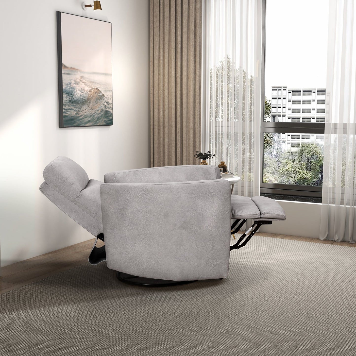 A modern living room featuring the Lawson Swivel Glider Suede Recliner Chair in Latte, extended by a large window with sheer and beige curtains, a framed ocean photo on the wall, and neutral carpeting.