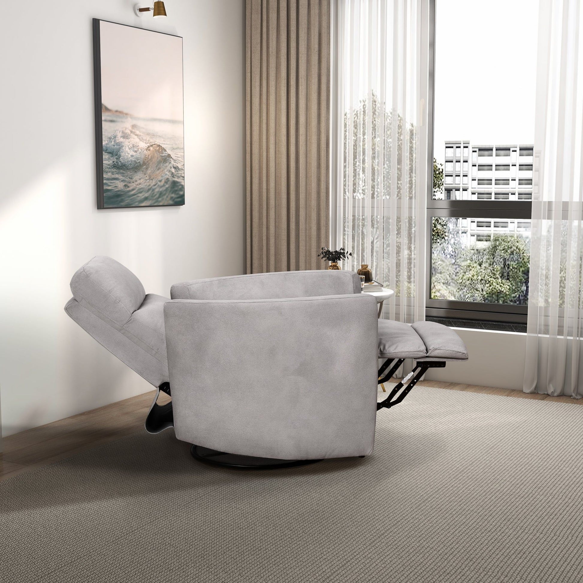 A modern living room featuring the Lawson Swivel Glider Suede Recliner Chair in Latte, extended by a large window with sheer and beige curtains, a framed ocean photo on the wall, and neutral carpeting.