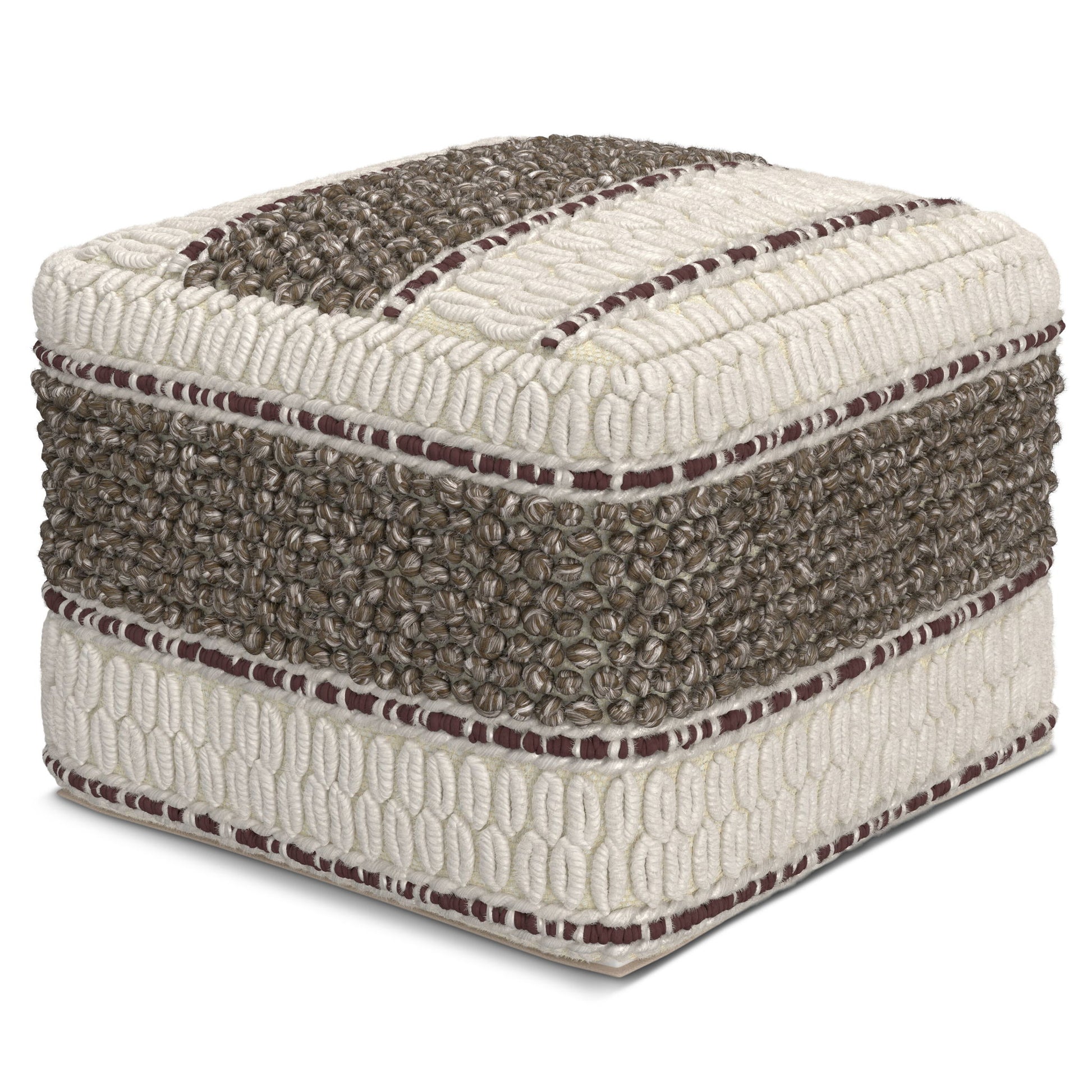 The Grady - Handcrafted Square Pouf features a cozy, textured design with alternating cream and brown horizontal stripes, woven fabric, and detailed looped and knotted patterns for decorative appeal.