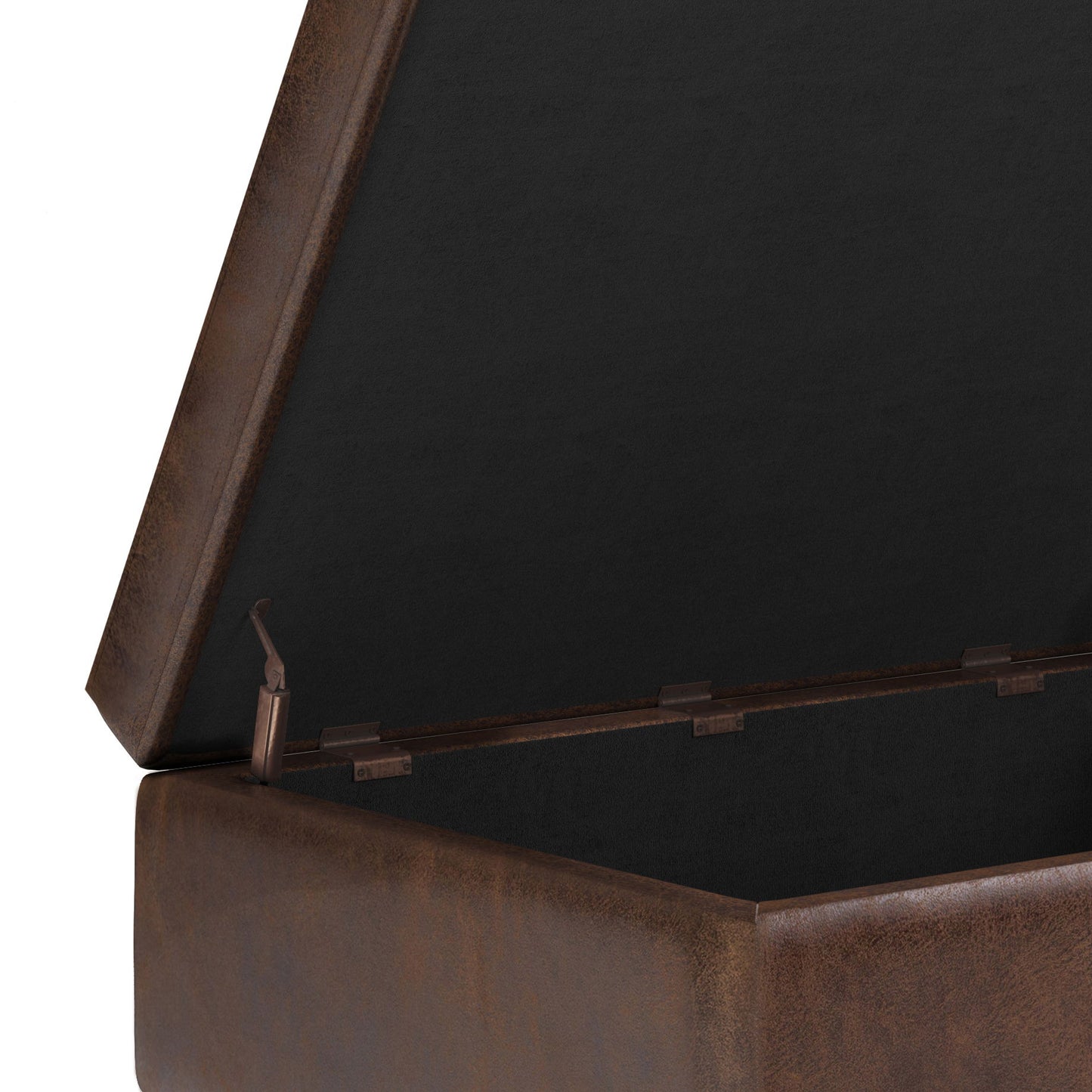 A close-up of the Shay Large Square Coffee Table Storage Ottoman, mid-century style, with a hinged lid open to reveal its dark interior and side hinge mechanism. The exterior features a leather-like finish in brown.