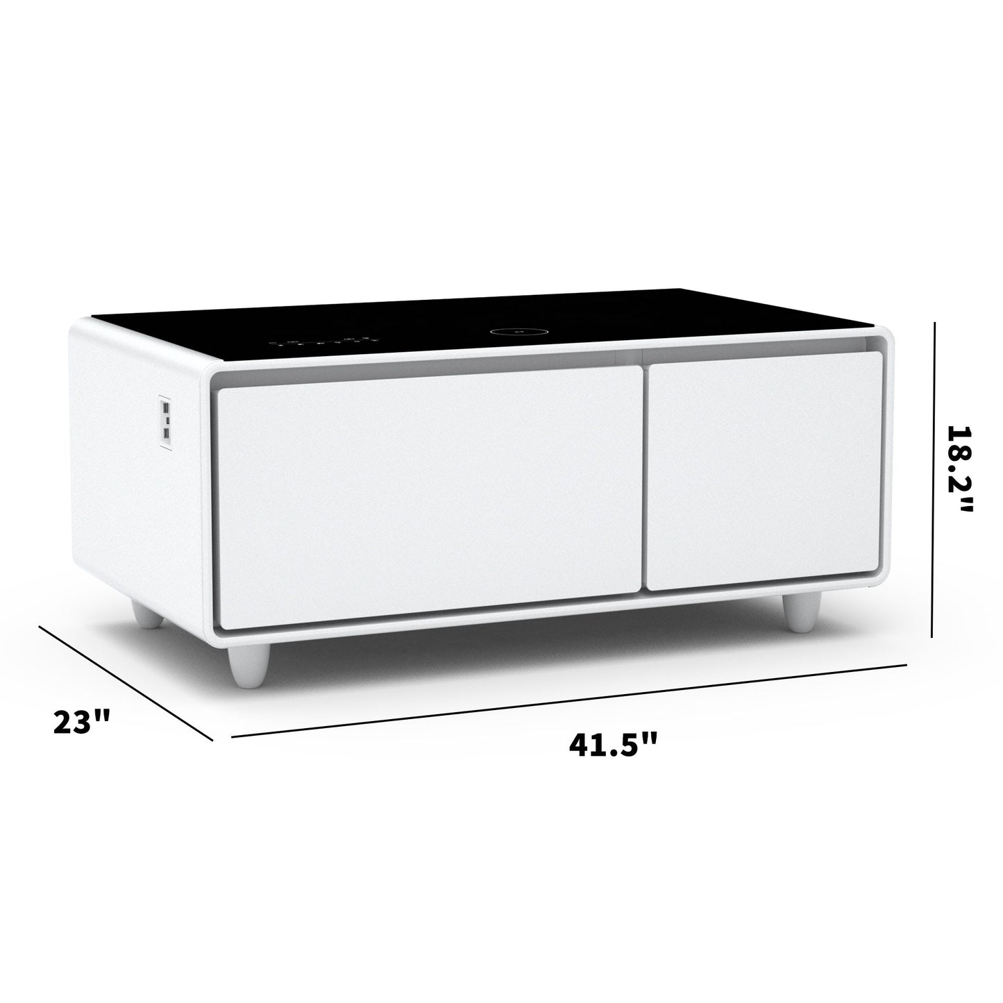 Modern Smart Coffee Table with built-in fridge, Bluetooth speaker, wireless charging, touch control panel, USB port on the left side, two front doors, short legs; white base with black top; measures 41.5"W x 23"D x 18.2"H.
