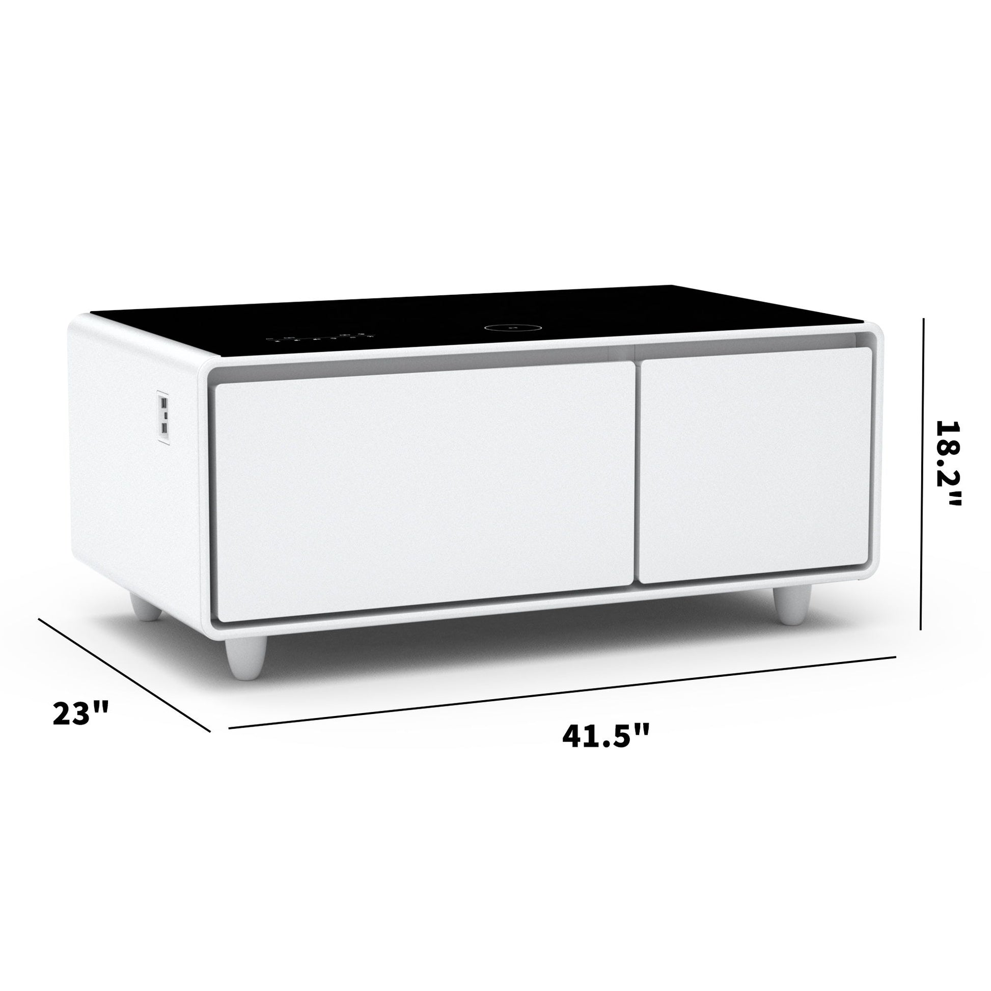 Modern Smart Coffee Table with built-in fridge, Bluetooth speaker, wireless charging, touch control panel, USB port on the left side, two front doors, short legs; white base with black top; measures 41.5"W x 23"D x 18.2"H.