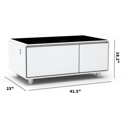 Modern Smart Coffee Table with built-in fridge, Bluetooth speaker, wireless charging, touch control panel, USB port on the left side, two front doors, short legs; white base with black top; measures 41.5"W x 23"D x 18.2"H.