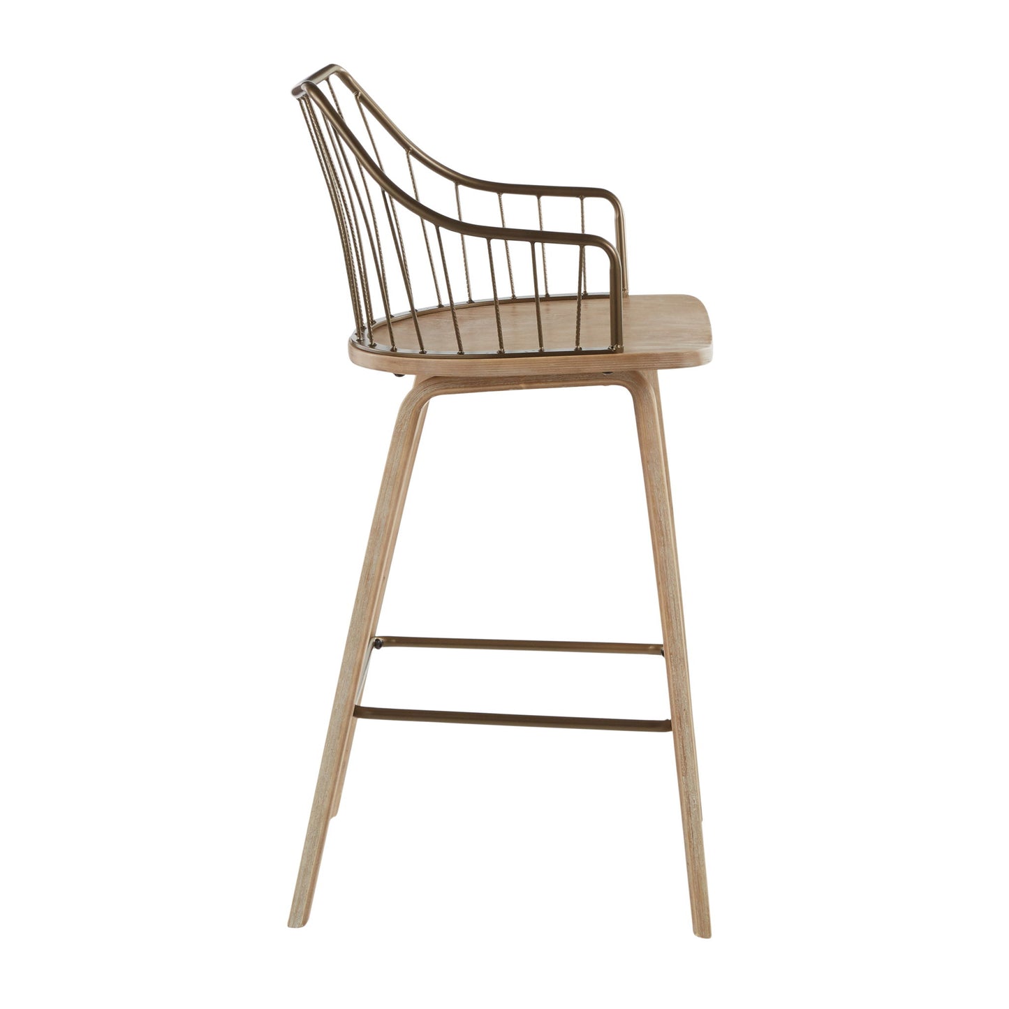 The Winston - Farmhouse Counter Stool features a wooden seat and legs, plus a curved metal backrest and armrests. Its modern design blends wood and metal, shown in a side view against a white background.