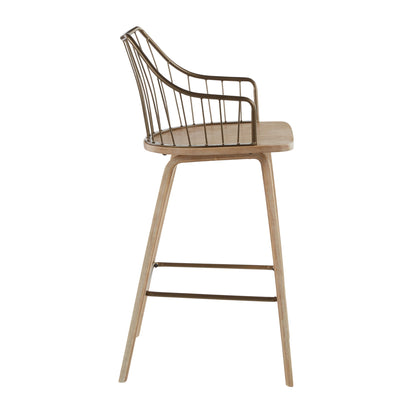 The Winston - Farmhouse Counter Stool features a wooden seat and legs, plus a curved metal backrest and armrests. Its modern design blends wood and metal, shown in a side view against a white background.