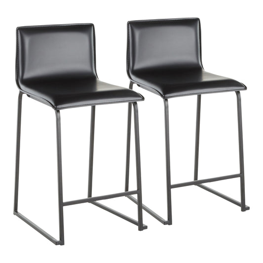 The Mara Upholstered Contemporary Counter Stool set includes two modern black stools with padded seats and backs, supported by slim metal legs with footrests. Their minimalist design and sleek finish make them ideal for a kitchen or bar area.