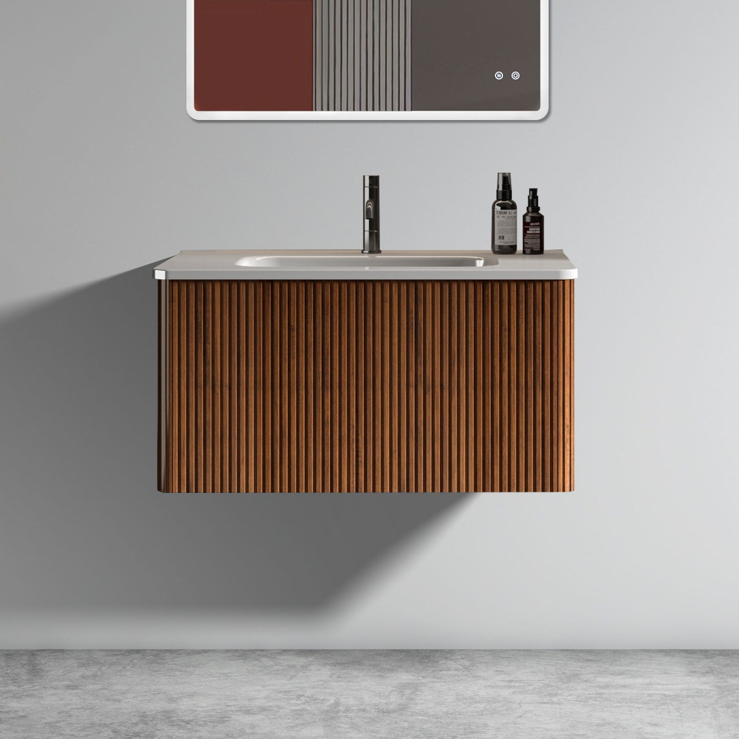 The Etna - Striped Bathroom Vanity features a ribbed wooden front, ceramic sink, white countertop, and chrome faucet, and is wall mounted for a modern look against a light gray wall and concrete floor.