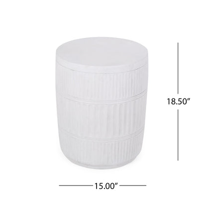 Antique White Outdoor Patio End Table, cylindrical with subtle vertical grooves, measures 18.5" tall and 15" in diameter.