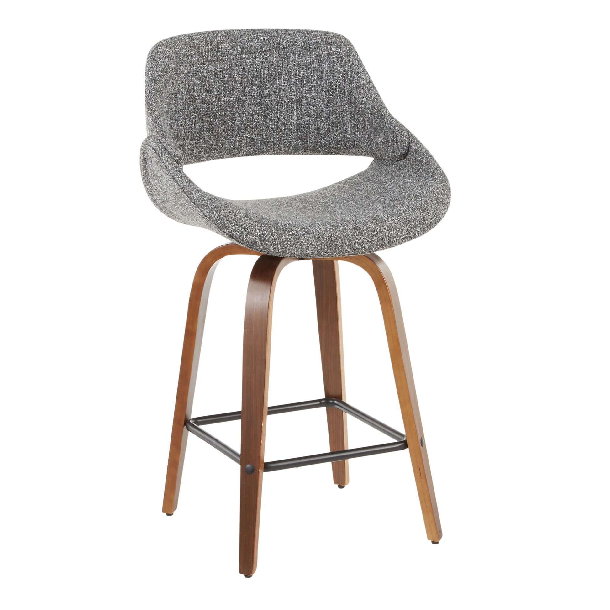 The Fabrico Mid-Century Modern Counter Stool (Set of 2) features a curved gray upholstered seat, open lower back, wooden legs, and a black metal footrest bar.