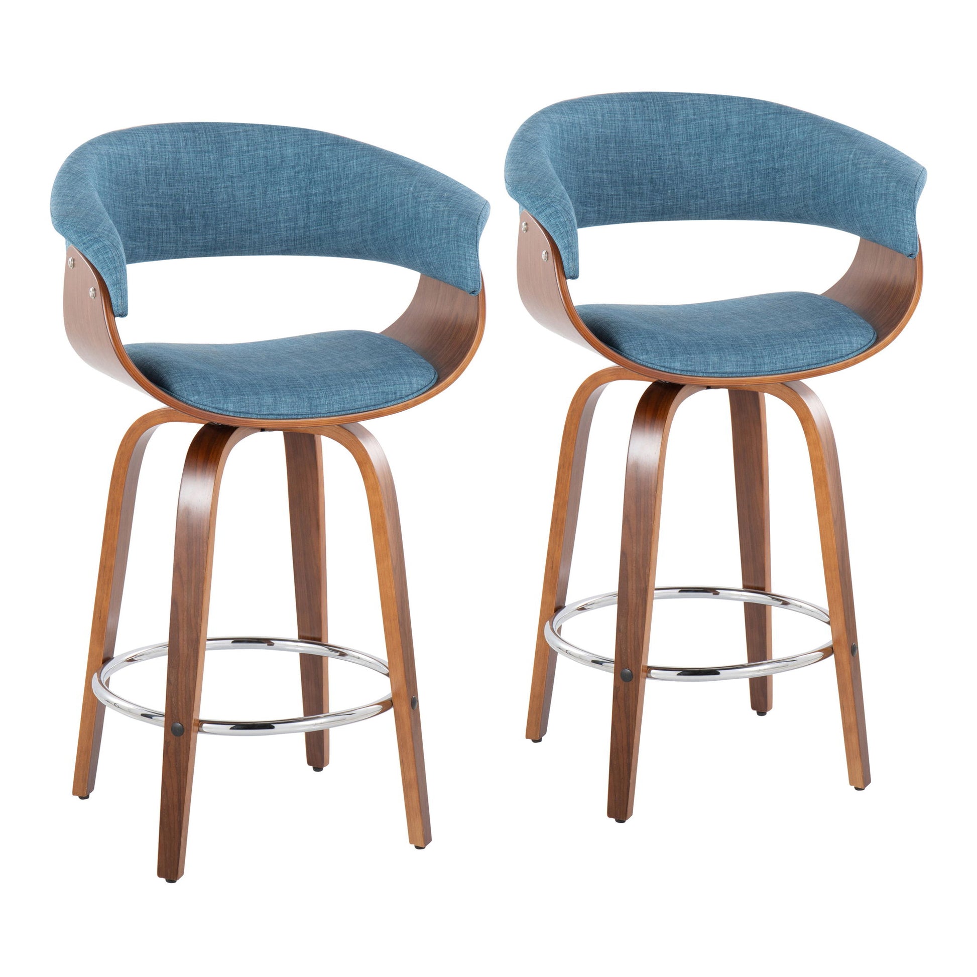 A set of two Vintage Mod Mid Century Modern counter stools with swivel, curved wooden legs, round chrome footrest, and blue upholstered seats and backs shown side by side on a white background.