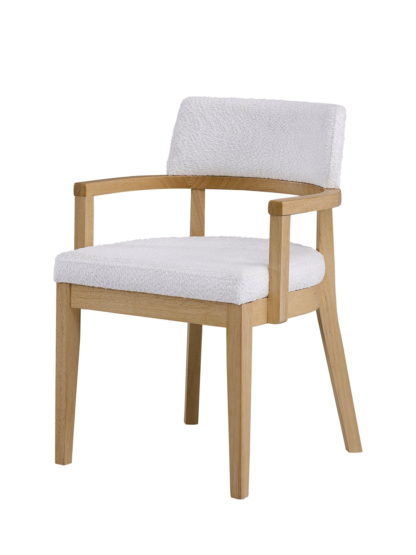 The Kasem - Gorge Fabric Side Chair (Set of 2) features a modern light wood frame, white cushioned seat and backrest, and open rectangular armrests.