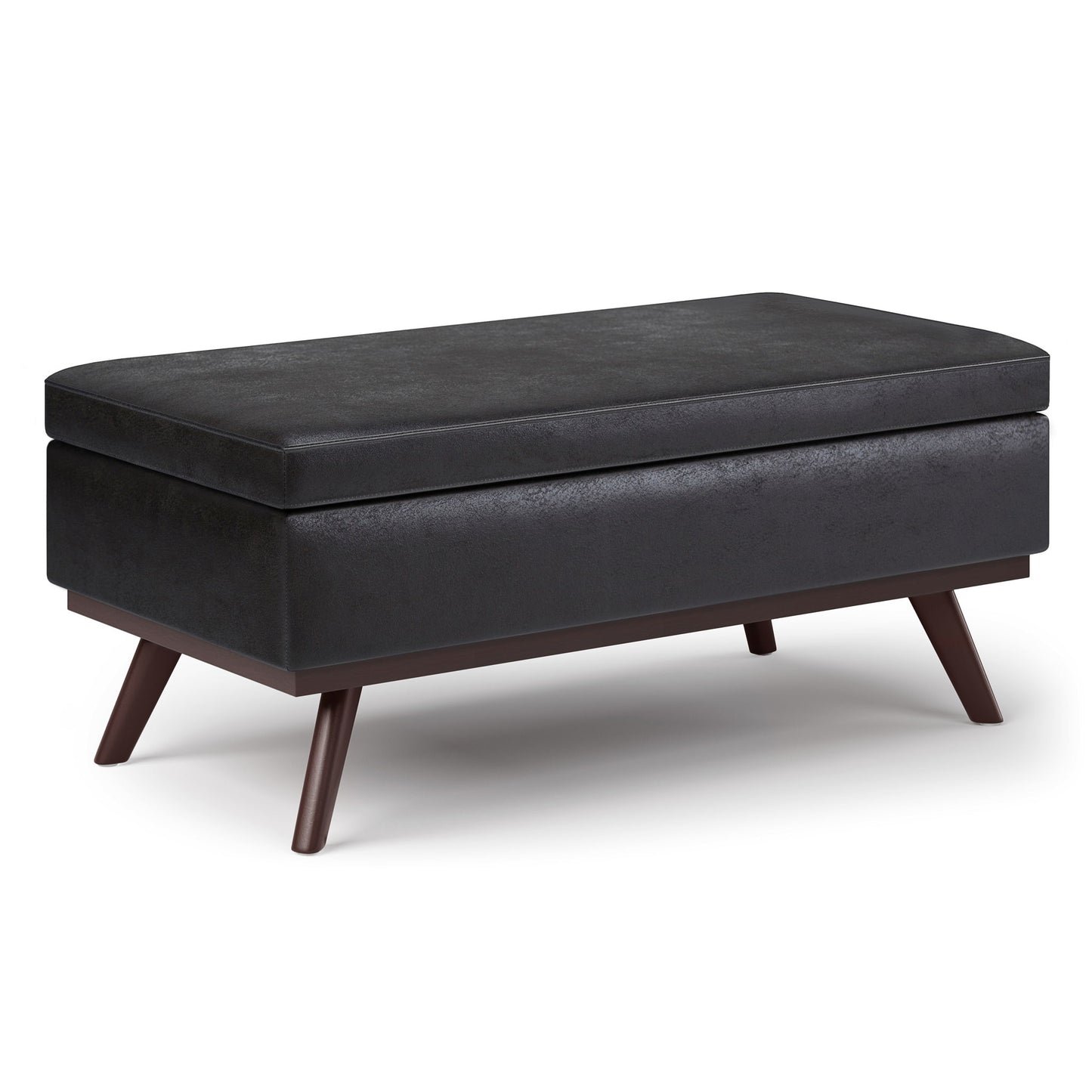 The Owen Lift Top Large Coffee Table Storage Ottoman in mid-century style features a rectangular black upholstered design with angled wooden legs, displayed against a white background.