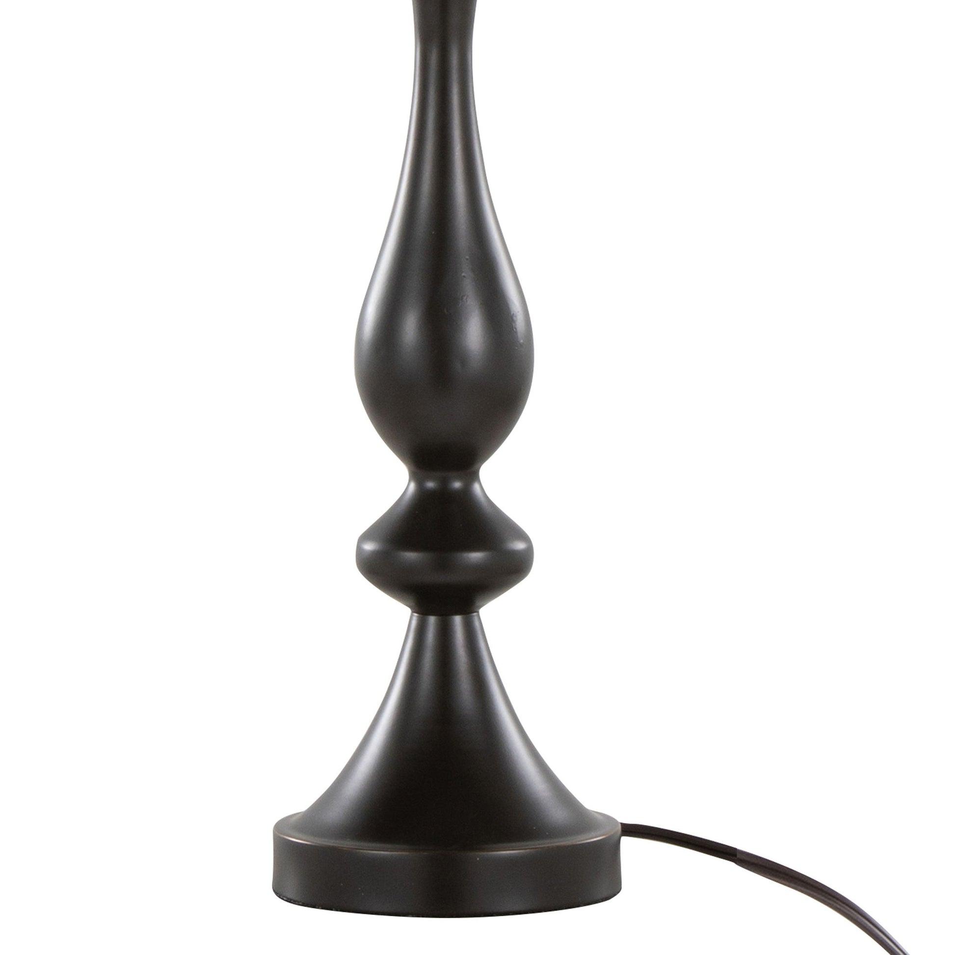 Close-up of the base and lower stem of the Topaz - Contemporary Table Lamp, featuring a curvy, sculpted black design on a white background. A black power cord extends from its base.