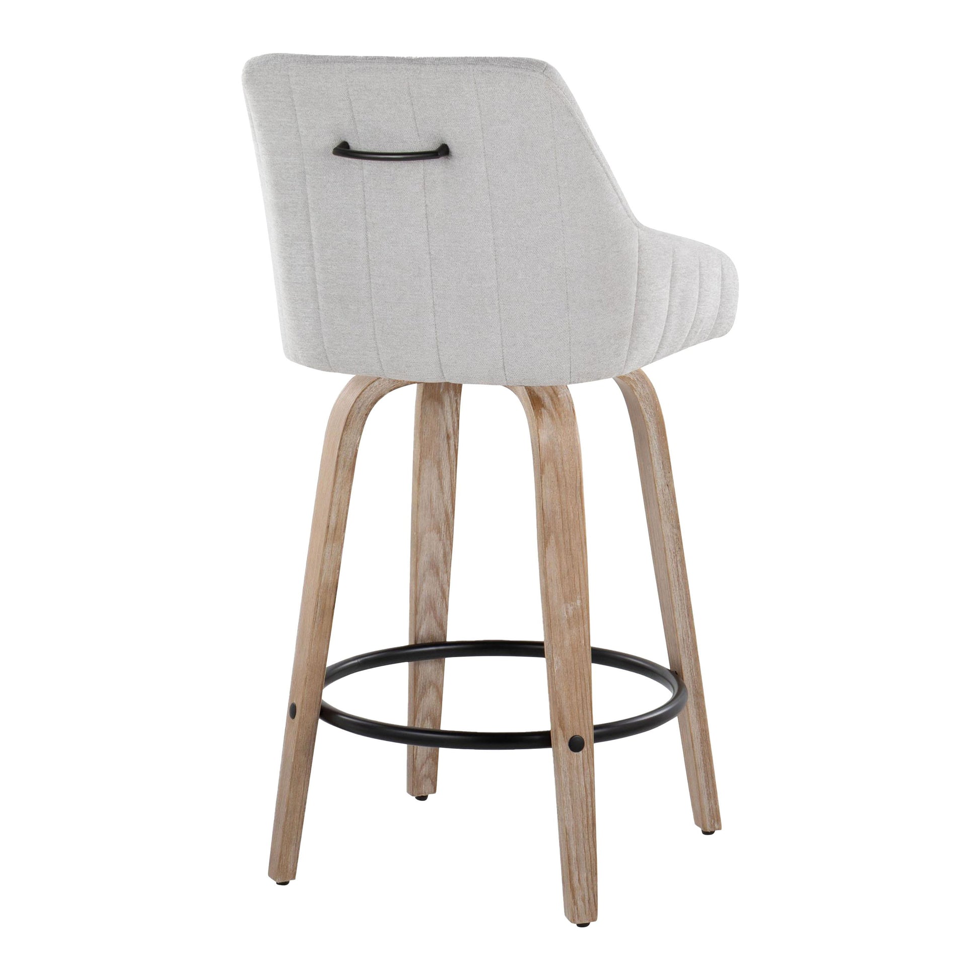 The Hannah Transitional Counter Stool set features light gray upholstered backrests, light wood legs, black metal round footrests, and a black handle on the back. Includes fixed height and swivel functionality. Set of 2.